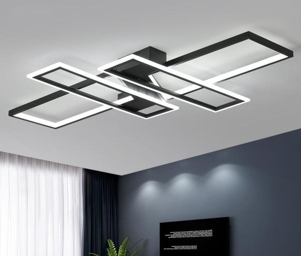 Luzes de teto LED lustre luz para sala de estar quarto cozinha casa moderna lâmpadas controle remoto preto retângulo luminárias3770469