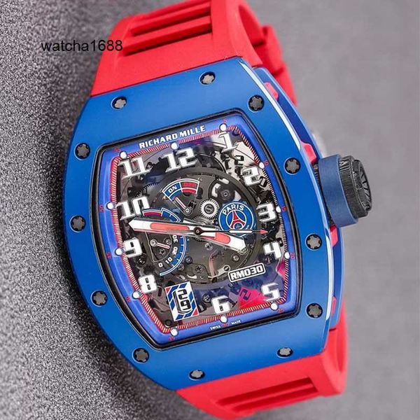 Exklusive Uhr, heiße Armbanduhren, RM-Armbanduhr Rm030, blaue Keramikseite, rotes Paris-Limited-Zifferblatt, 42,7 x 50 mm, mit Versicherung