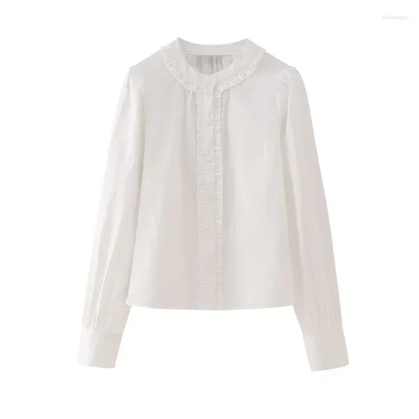 Damenblusen für Mädchen, elegant, beige, schlankes Langarmshirt, 2024 Frühling, weiblich, süß, solide Rüschen, Basic, einreihig, O-Ausschnitt