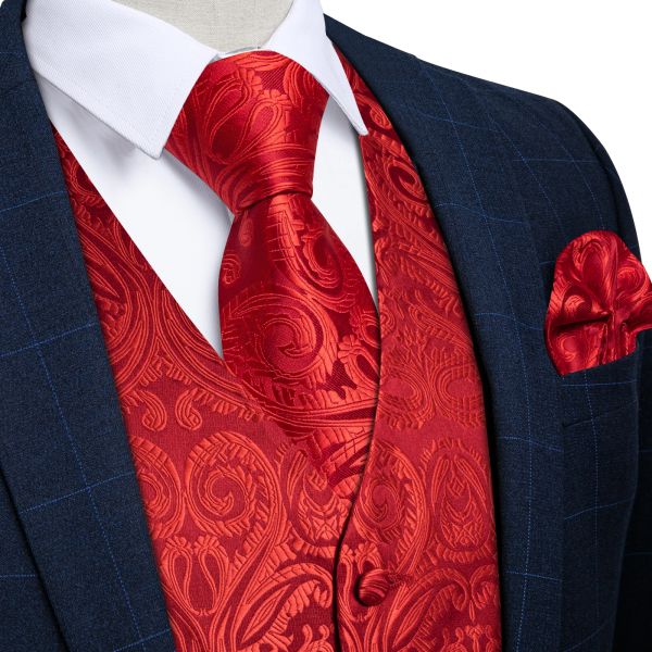 Coletes de luxo vermelho paisley colete para homem casamento formal colete gravata bolso quadrado abotoaduras negócios chaleco hombre navio livre