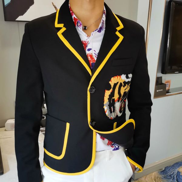 Ternos masculinos blazer jaqueta reunindo cabeça de tigre casaco masculino tendência hiphop trajes de palco para cantor maré blazer casual elegante blazer