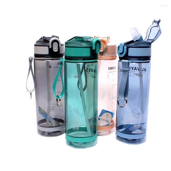 Garrafas de água 800ml garrafa esportiva com palha para acampamento caminhadas ao ar livre plástico transparente homens livres drinkware