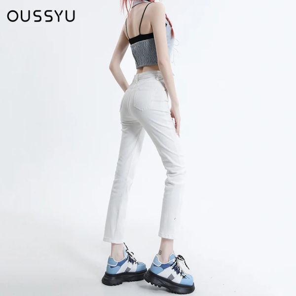 Jeans oussyu branco reto jeans mulher estiramento fino tornozelo comprimento magro cintura alta algodão denim lápis calças femininas azul