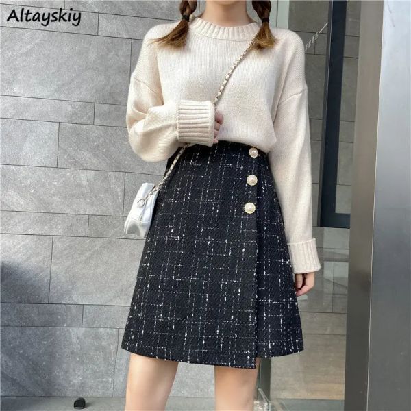 Saias xadrez saias femininas chique botão cintura alta allmatch fashiom suave ulzzang aline meninas doce streetwear aconchegante venda quente casual