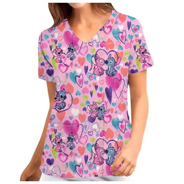 T-shirts Stitch's impertinente dos desenhos animados rosa impresso Vneck feminino enfermeira uniforme de manga curta esfrega top pet veterinário esfrega macacão