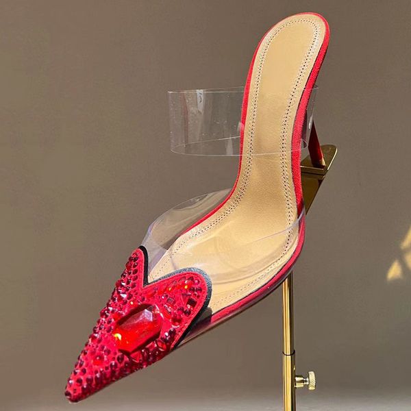 Heißer Verkauf Frauen High Heel Hausschuhe Runway sexy spitze Zehen hochwertige Strass Dekor Sommer neu kommen ein Gürtel Damen Kleid Designer Hausschuhe