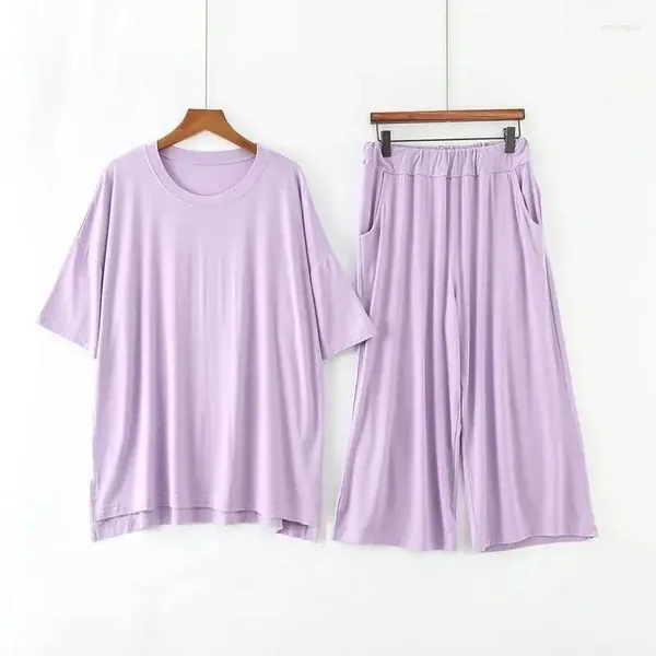 Damen-Nachtwäsche, Übergröße 7XL, 150 kg, Damen-Modal-Pyjama-Sets, Frühling, Sommer, Kurzarm-Oberteil und wadenlange Hose, weicher Anzug