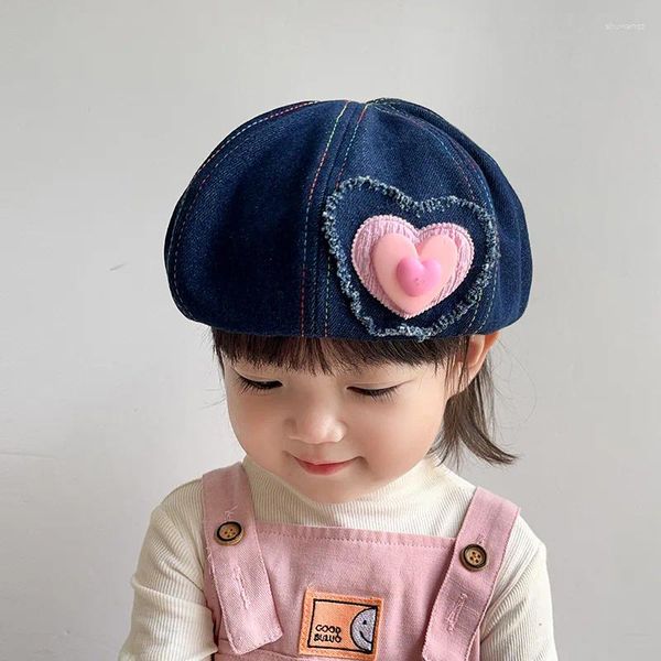 Berets Baby Baskenmütze Rosa Liebe Retro Denim Kinder Kürbis Hut Koreanische Trend Vielseitige Achteckige Kappe