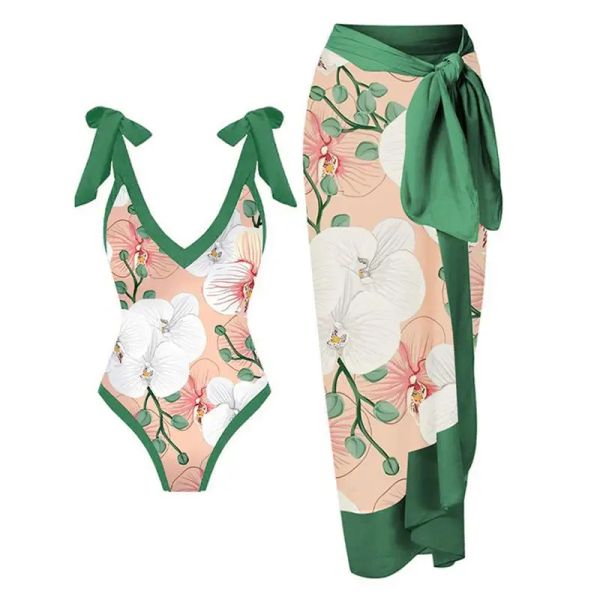 Conjunto de roupa de banho com estampa de floresta tropical, 2 peças, verão, feminino, decote em v, sexy, halter, suspensório, biquíni, cobertura irregular, maiô de uma peça