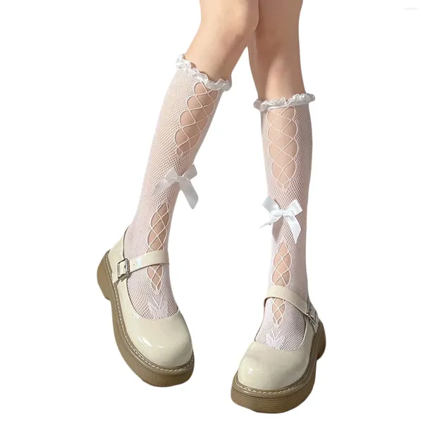 Frauen Socken Sexy Oberschenkel Hohe Ausschnitt Schleife Spitze Strümpfe Mädchen Sheer Front Kordelzug Lotita Für Cosplay Club Party