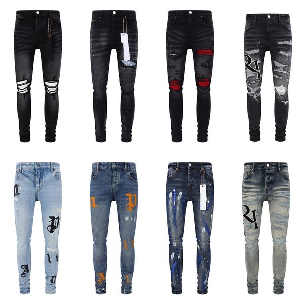 Lila Markendesigner-Jeans für Herrenhosen, Damen, Spritzer-Tinten-Jeans-Trends, Distressed Black Ripped Biker Slim Fit, Motorrad, Herren-Stapeljeans, Baggy-Jeans, Loch