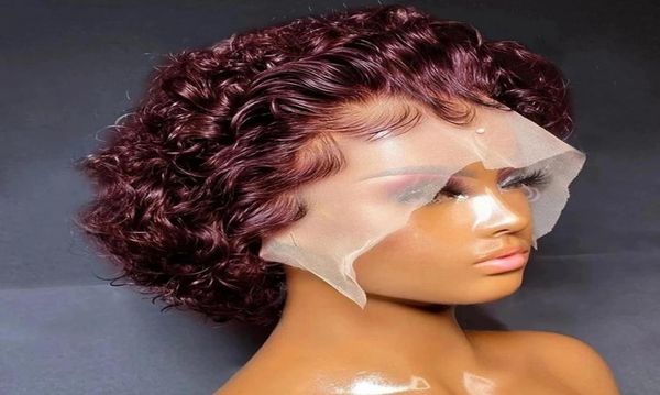 Parrucche del merletto Pixie Cut taglio corto capelli umani ricci 13X1 trasparente 99J Borgogna acqua onda profonda anteriore per le donne 2209212892192