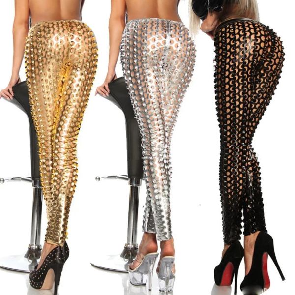 Leggings o estilo europeu oco para fora cintura alta imitação de couro do plutônio leggings feminino quente sexy magro leggins para a primavera verão