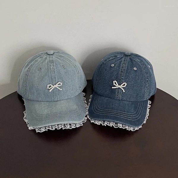 Cappellini da baseball stile giapponese Demin colore originale berretto da baseball con fiocco di perle cappello da sole dolce con tesa in pizzo per ragazza da cowboy