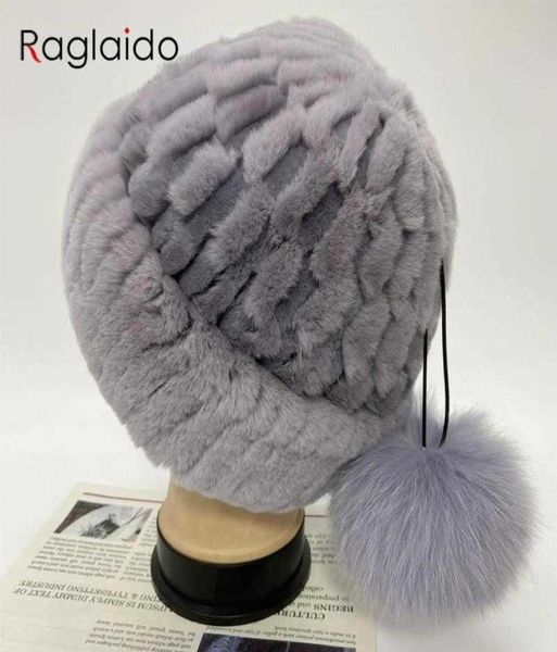 Mützen Russland Frauen Winter Rex Kaninchen Pelz Hut gestrickte pelz hüte stilvolle echte warme weibliche fuchs bommel ball caps J22111073818359577987