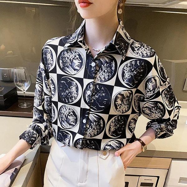 Blusas femininas 2024 outono retro moda moderna dos desenhos animados cabeça impressão nicho design de manga comprida chiffon camisa superior blusa feminina elegante