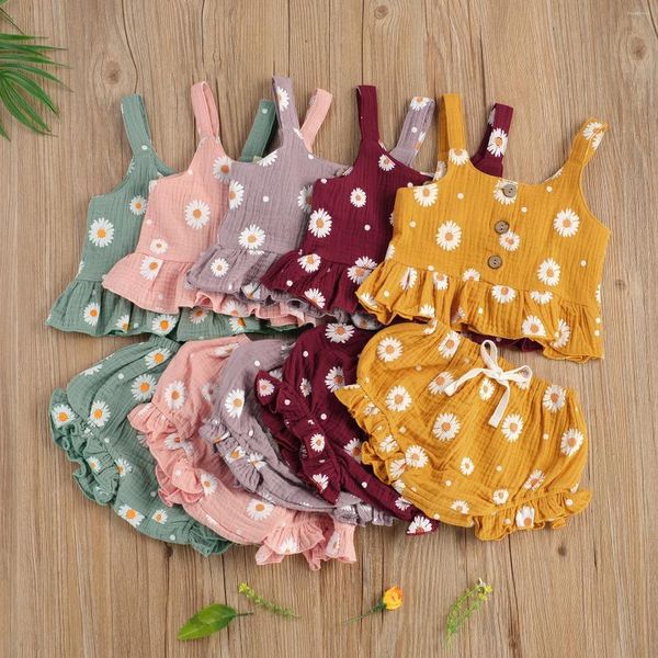 Set di abbigliamento Estate Bambini Vestiti per neonata Fiori margherita Stampa senza maniche Volant Crop Canotta Pantaloncini Morbido cotone Lino Abiti 0-5 anni