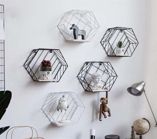 Nordic moderno ferro hexagonal grade prateleira de parede combinação parede pendurado figura decoração da parede rack armazenamento para sala estar quarto272y9856716