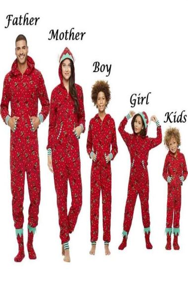 Одинаковые рождественские пижамы для всей семьи Комбинезон для женщин и мужчин Детские дети с красным принтом Рождественская одежда для сна Пижама с капюшоном Наряды на молнии 2107271858