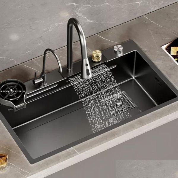 Lavelli da cucina in acciaio inox 304 nero Raindance Waterfall lavello da cucina grande vasca singola lavabo sottopiano rubinetto topmount Dro Dhrte