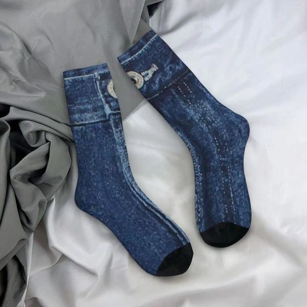 Mulheres meias azul denim clássico jeans outono vintage desgin meias engraçado homem confortável personalizado escalada anti skid