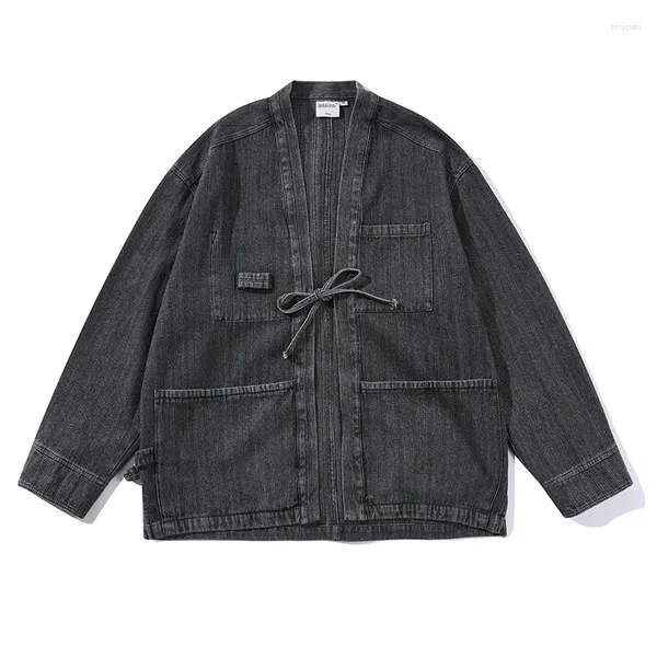 Jaquetas masculinas homens japão streetwear cityboy vintage moda solta causal denim quimono jaqueta primavera outono jeans casaco taoist robe outerwear