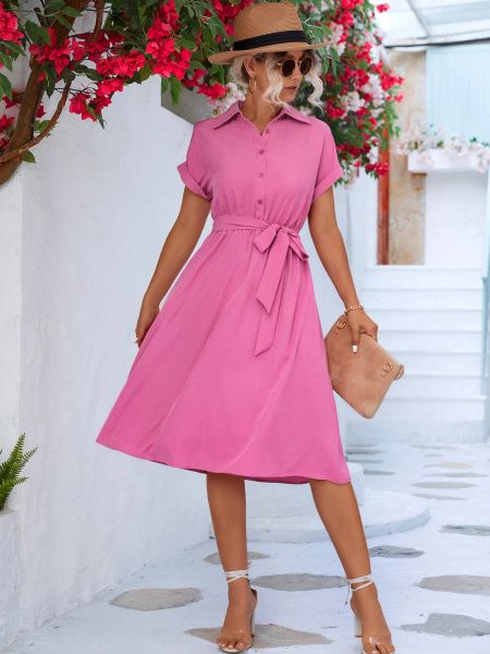 Платье Summer Fashion Женская роза Красное платье с коротким рукавом 2023 Новое флип -воротниц мини -платье городской отдых женский отдых отдыха