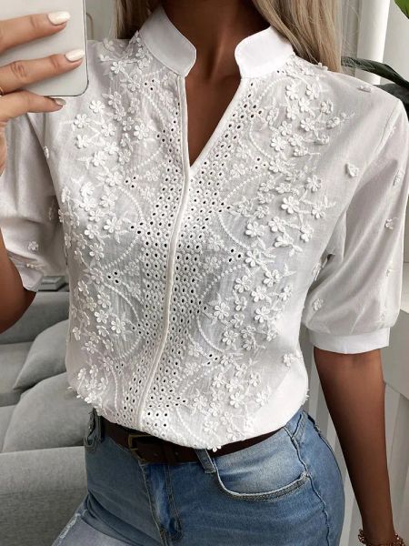 Blusa com decote em v bordado renda camisa superior verão feminino casual chique blusas brancas padrão floral ilhó bordado meia manga