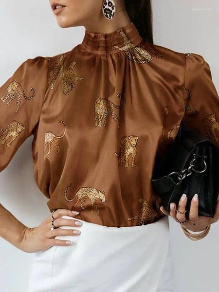 Kadınlar bluzlar celmia sıradan tunik üst moda kadın saten gömlek kaplan baskılı bluz 2024 yaz standı yakalı zarif parti blusas