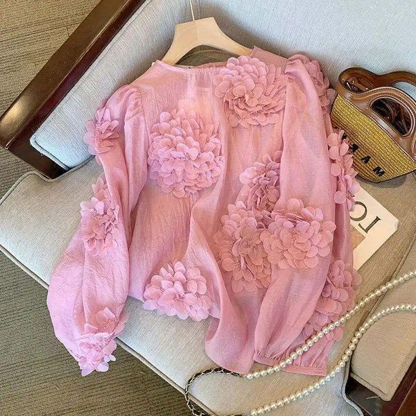 Blusas femininas design sentido estilo francês suave flor rosa camisa de manga longa feminina outono solto versátil e exclusivo blusa feminina topo