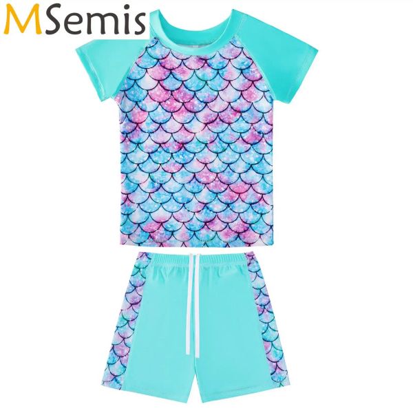 Badebekleidung 2-teiliges Kinder-Badeanzug-Set mit floralem Fischschuppen-Aufdruck, kurzärmeliges Oberteil mit Kordelzug, Shorts-Set zum Schwimmen, Badeanzug, Pool-Strand-Badebekleidung