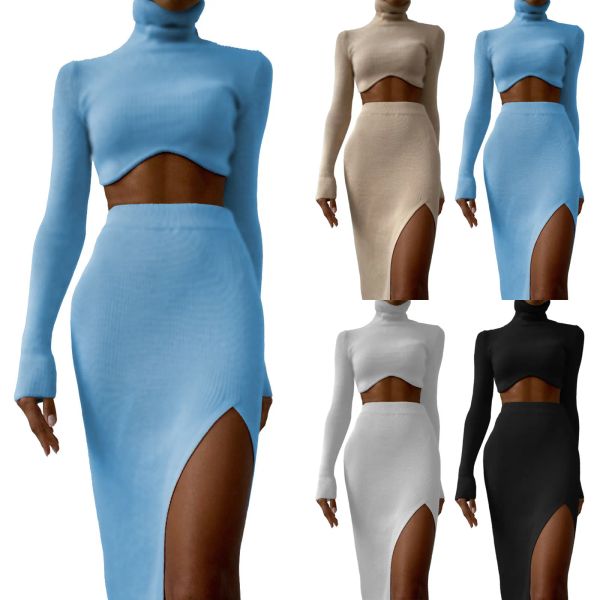 Vestido magro gola alta manga longa sexy conjunto de duas peças feminino midriff colheita superior + fendas laterais bodycon saias elástico robe vestido de casamento