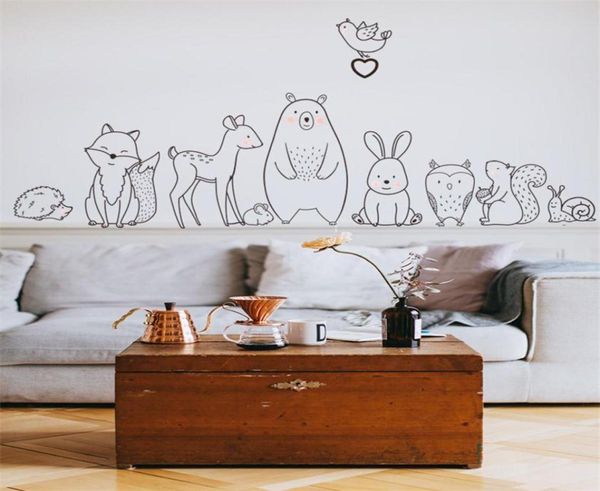 Animal dos desenhos animados adesivo de parede urso tímido raposa bebê crianças quarto criativo berçário decalques adesivo decoração casa papel de parede supply288h1383523