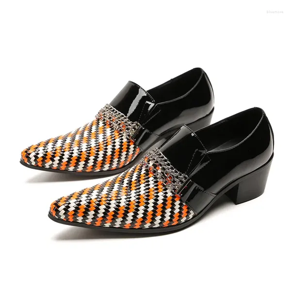 Sapatos de vestido de couro de patente homens luxo moda tecido padrão 6.5cm festa de salto alto preto laranja retalhos metal corrente apontou toe