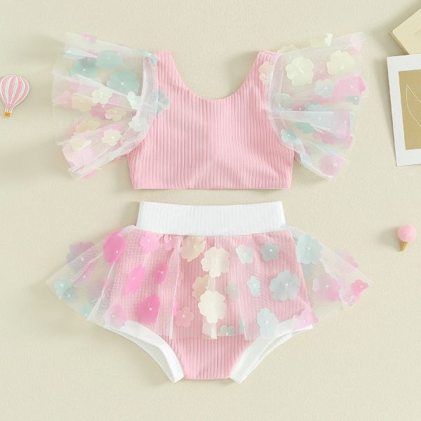 Roupa de banho princesa verão meninas conjunto biquíni crianças bebê maiô beachwear bonito malha flor sem mangas atada colete + shorts roupa de banho