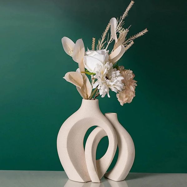 Weiße Keramikvase, 2er-Set, für moderne Inneneinrichtung, Boho-Donut-Vasen, nordische minimalistische dekorative Vase 240228