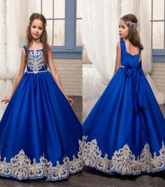 Primavera 2020 Royal Blue Flower Girl Vestidos com renda decote quadrado inchado uma linha até o chão cetim crianças vestidos de casamento para menina2246767