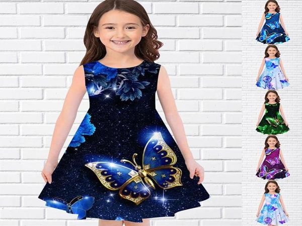 Vestidos de verão para meninas com estampa 3d, vestido infantil de festa sem mangas para meninas, vestido de princesa regata muito colorido borboleta5576249