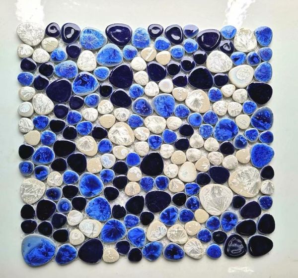 Piastrella per backsplash cucina in mosaico di porcellana con ciottoli bianchi blu navy PPMTS09 rivestimenti in ceramica per bagno5138235