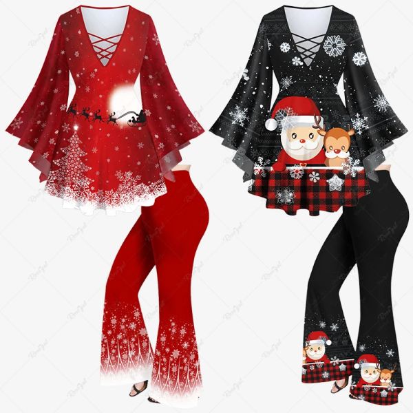 Ternos xs6x conjunto feminino combinando camiseta treliça e calças flare árvore de natal papai noel elk floco de neve lua glitter terno de impressão 3d