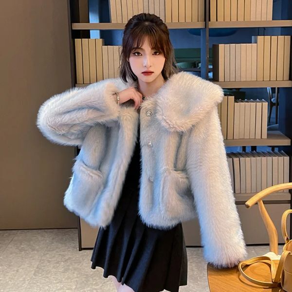 Pele coreano doce gola boneca gradiente azul imitação de pele jaqueta inverno feminino singlebreasted manga longa falso casaco de pele de raposa feminino