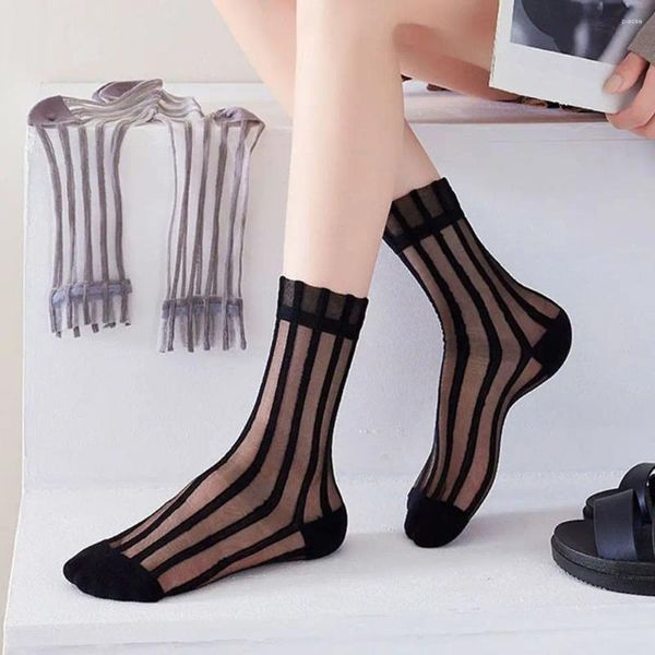 Frauen Socken Atmungsaktive Mode Für Sommer Japanischen Stil Transparent Mittelrohr Glas Seide Gestreiften Weibliche Strumpfwaren