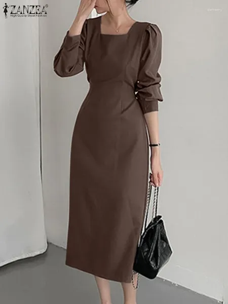 Abiti casual ZANZEA Donna Elegante abito longuette Colletto quadrato Tinta unita Manica lunga Vestito estivo Moda Abiti Primavera Lavoro OL Robe 2024