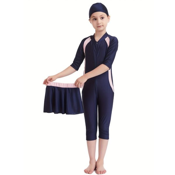 Модная скромная шапочка для плавания для девочек из 3 предметов + купальник + юбка для плавания, комплект для летних соревнований по плаванию, пляжный подарок для серфинга