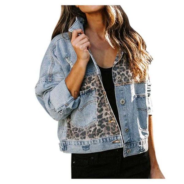 Jaquetas femininas curtas jaquetas jeans para leopardo impressão retalhos casaco feminino senhoras jean jaqueta plus size 240305