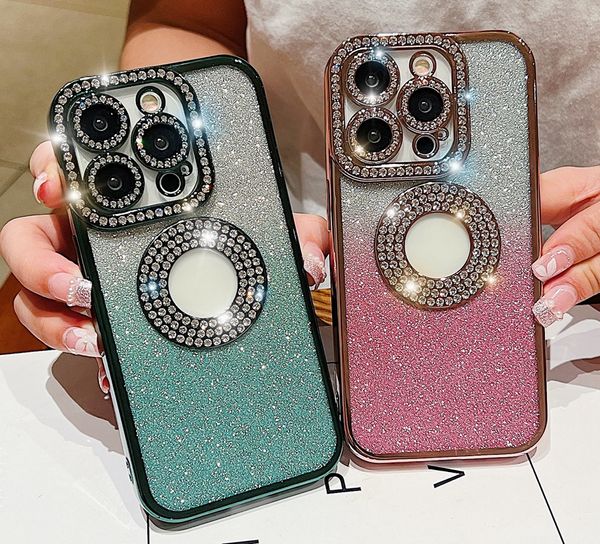 Luxuriöse Bling-Diamant-Hüllen für iPhone 15 Plus 14 Pro MAX 13 12 11, modisches Ringloch, glänzender Glitzer, Farbverlauf, feines Loch, metallische Beschichtung, Strass, weiche TPU-Telefonabdeckung