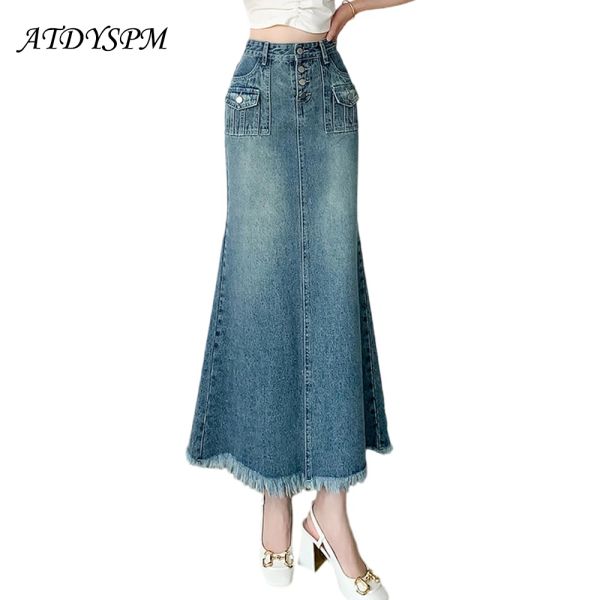 rock Maxi Denim Röcke Frauen Retro Quaste Streetwear Y2k College Junge Mädchen Chic Lange Faldas Sexy Mujer Breasted ALine Hipster