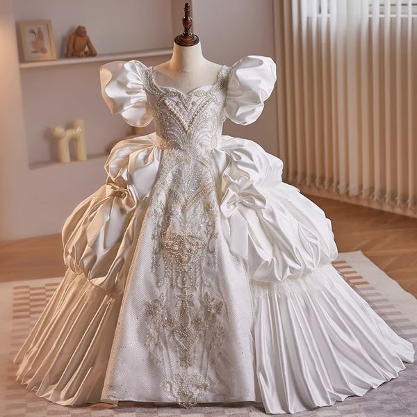 Princess White Flower Dresses Vintage Sheer Crew Neck Apliques Ruched Tulle Girl Girl Girl Formal Pageant Wears Infant