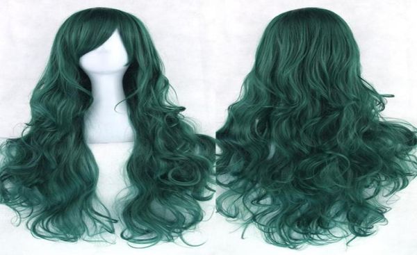 Hanzibeauty novo 20 cores 80 cm longo cabelo encaracolado verde perucas cosplay resistente ao calor acessórios de cabelo sintético festa peruca preta para wo63823737