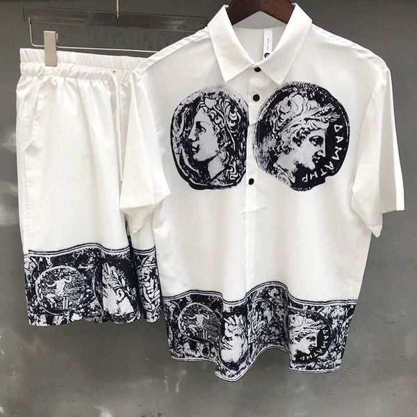 Fatos masculinos camisa havaiana streetwear abstrato retrato impressão camisa streetwear conjunto de treino hip hop lazer praia férias manga curta conjunto j240305